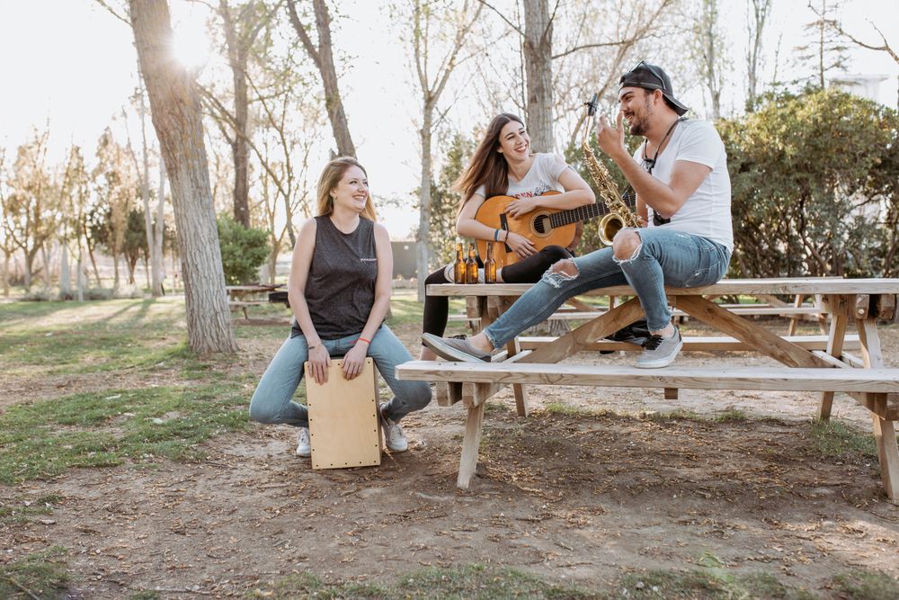 Cheerful musicians having fun in park