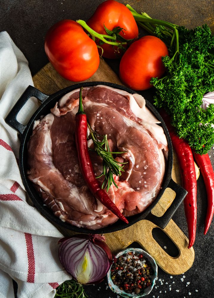 Top view of fresh raw pork ready for cooking