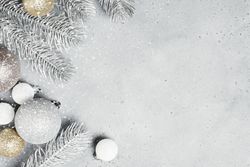 Silver holiday flatly with frosted pines and baubles