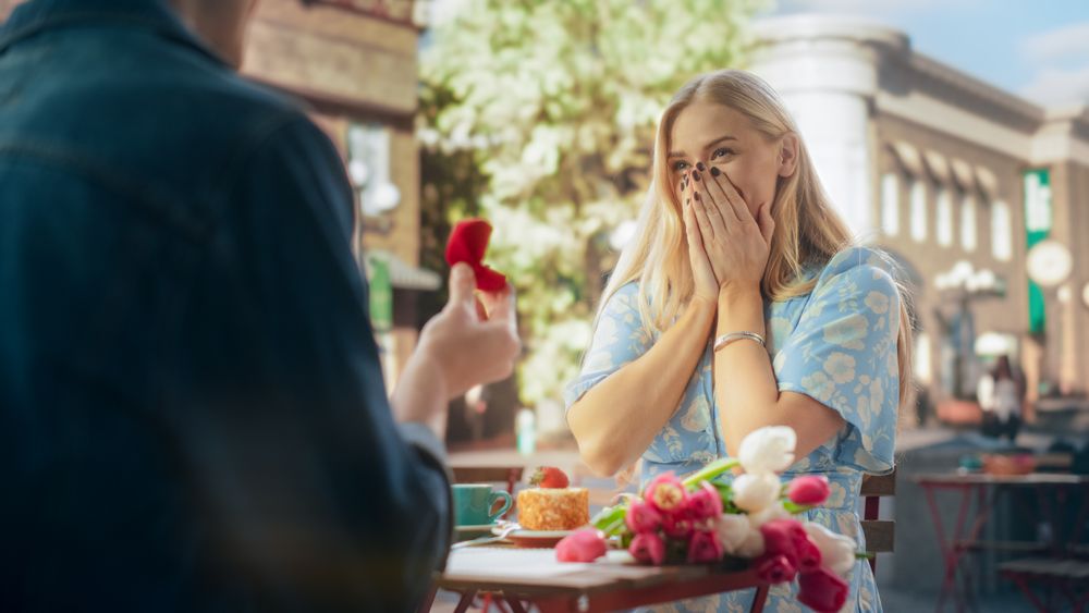 Surprised Engaged Partner is Happy and Covers Her Face as She Gets Excited