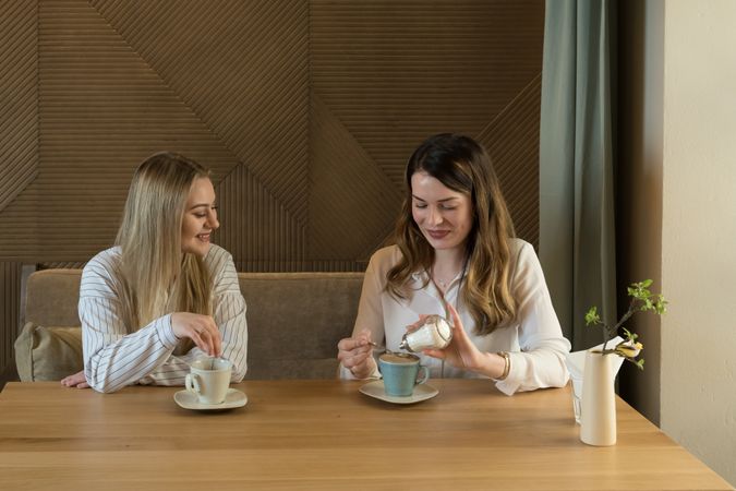 Couple of young women sitting at cafe together