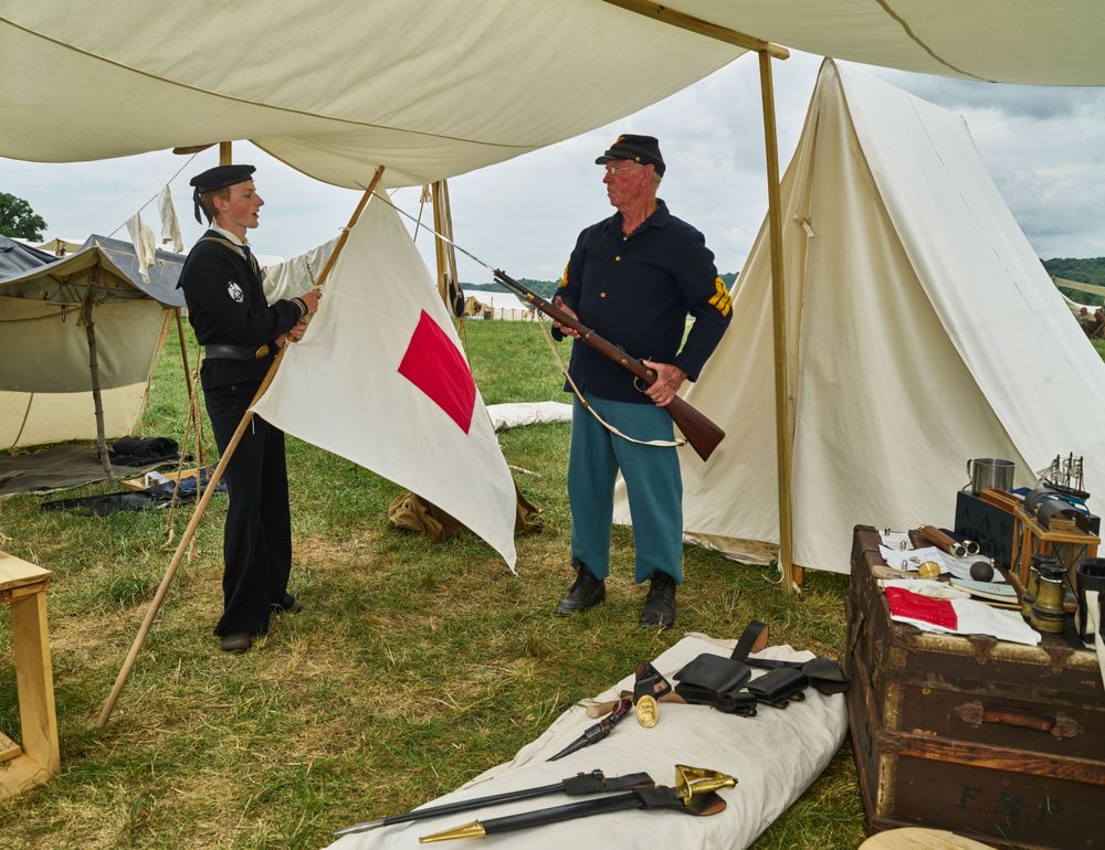 Jordan Ryan, left, and his father, Bob Ryan, depict Union signal corps, Gettysburg, Pennsylvania