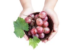 asian woman holding wooden bowl, bunch grape and leaves isolated on plain background