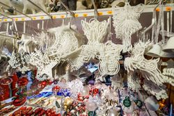 Traditional Christmas market with snowy tree decorations