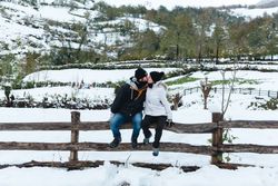 Couple kissing at winter in countryside