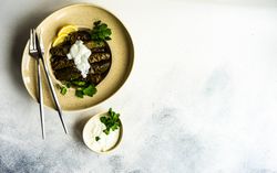 Top view of modern platting of Georgian dolma dish with copy space