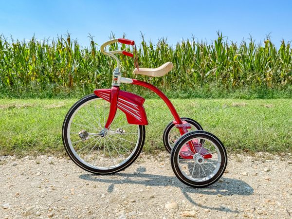 Profile of red tricycle on farm road