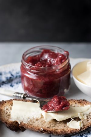 Served breakfast meal with toast and jam