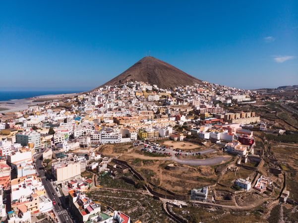 Landscape of town on coast of island