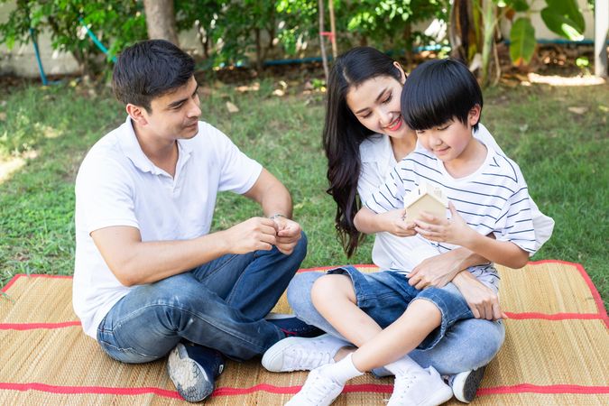 Mother, father and child sitting on picnic throw on grass