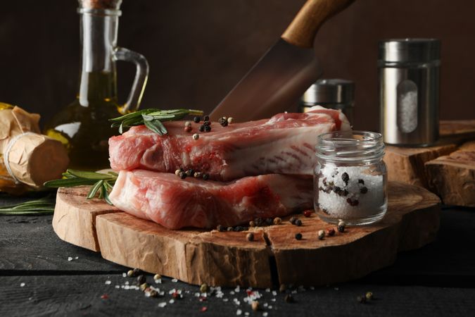 Composition with raw meat and ingredients. Cooking steak concept
