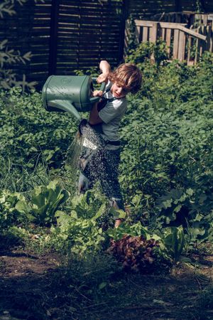 Adorable preteen boy pouring garden beds from watering can