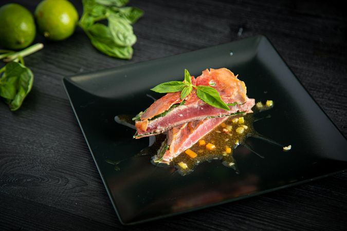 Bluefin tuna with basil ham and chicken demiglace