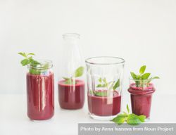 Red juice poured in glasses and jars garnished with mint 42PLm0