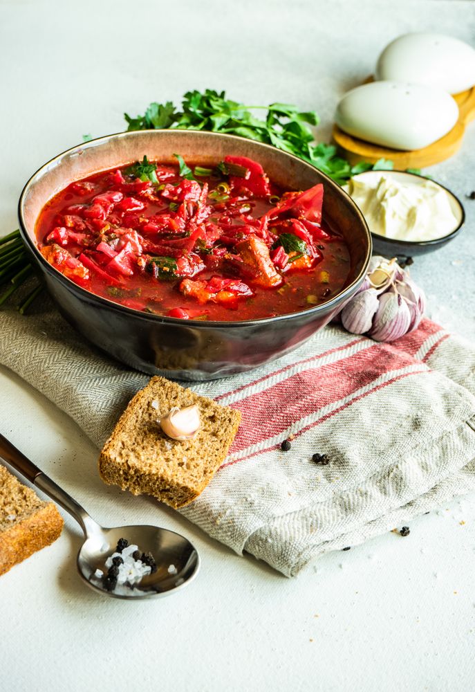 Tasty bowl of Ukrainian beetroot soup borscht