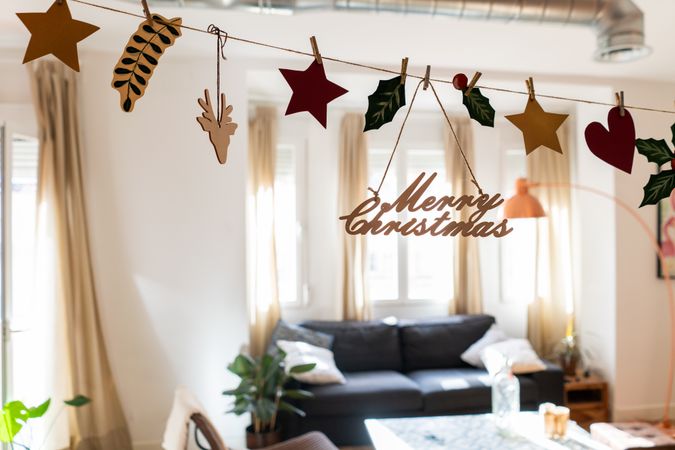 Light modern room decorated for Christmas