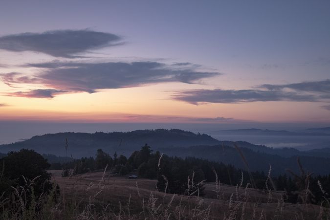 Mountains with trees looking over to the coast at sunset