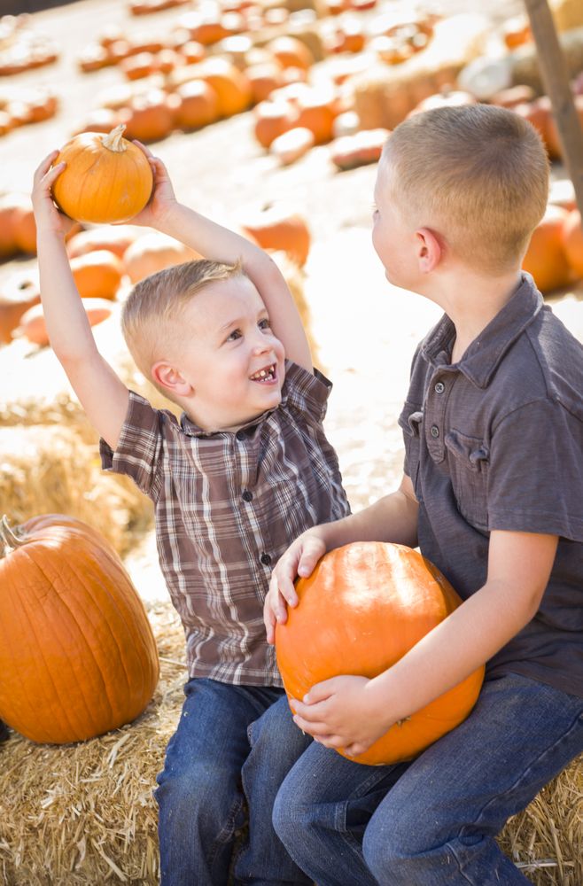 Two Boys at the Pumpkin Patch Talking and Having Fun.