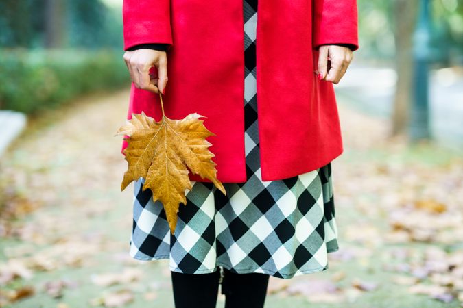 Crop of female wearing red coat and checkered skirt standing with dry maple leaf in hand