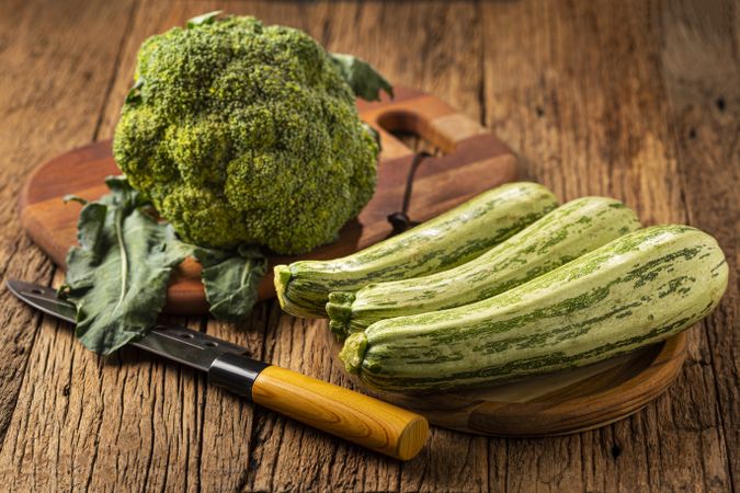 Zucchini and Broccoli on the table.