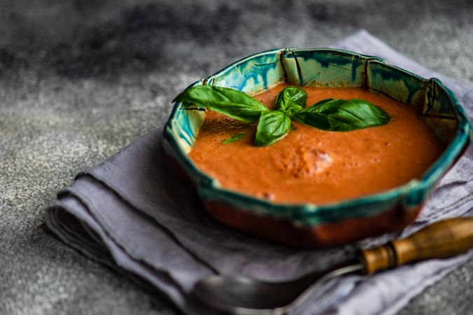 Traditional Spanish tomato soup Gazpacho with basil