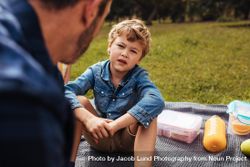 Son having conversation with his dad at picnic 5ragl0