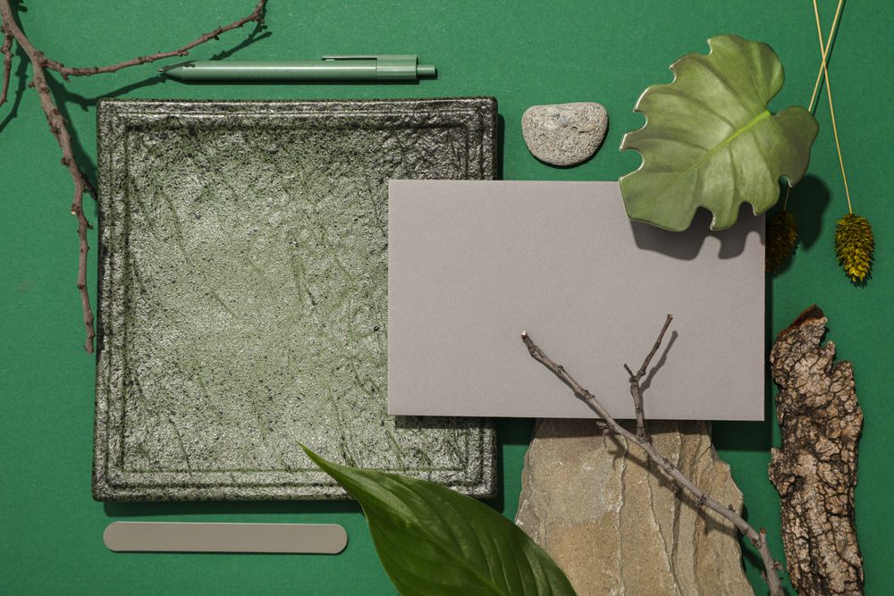 Flat lay of creative moodboard composition, top view