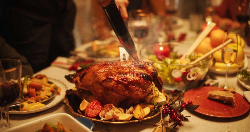 Zoom Out of a Delicious Main Course Meal on a Festive Christmas Table.