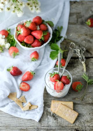 Top view of dessert of ripe strawberries