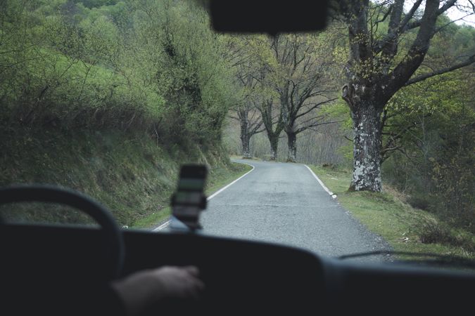 View of inside car empty road in countryside