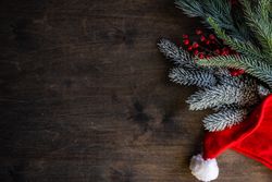 Pine branches with Santa hat and red berries on wooden surface