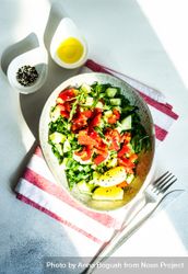Top view of big grey bowl of healthy tomato salad 0JGoGZ