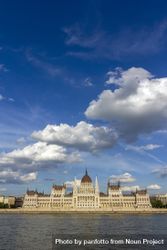 Blue sky and fluffy clouds over Hungarian Parliament building, vertical 0yB775