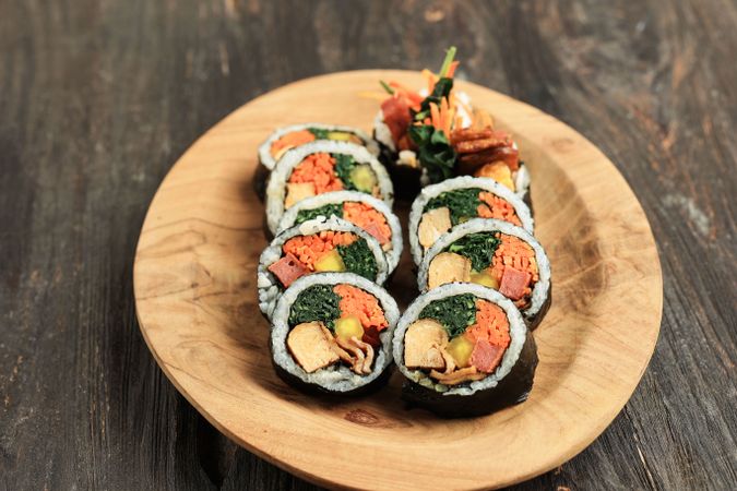 Kimbap or Gimbap, Rice Roll made with Various Ingredients