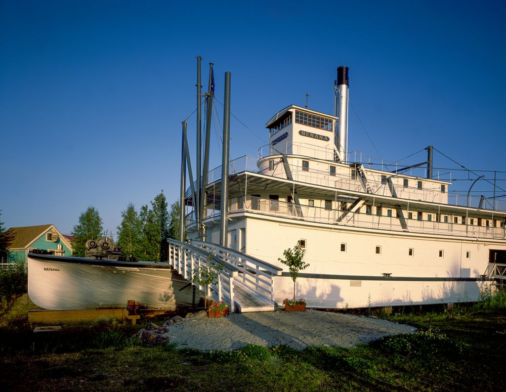River boat “Nenana” with loading ramp parked on display in Alaska