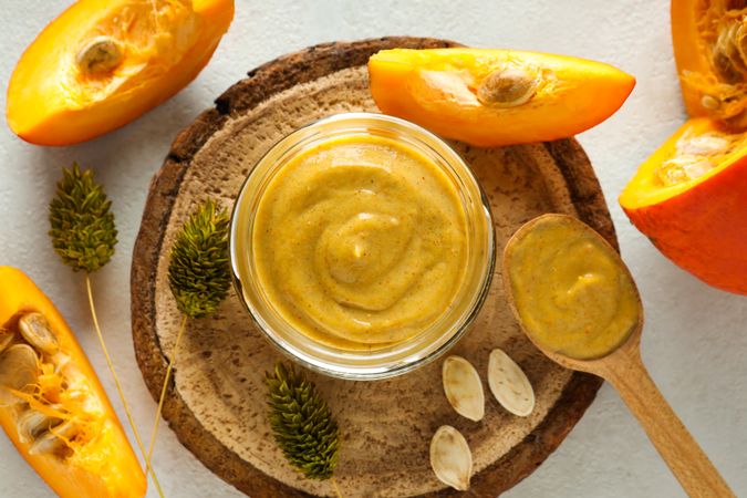 Concept of different cosmetic products, Pumpkin cosmetics, top view