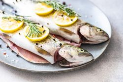 Two raw trout fish ready for cooking with lemon and herbs