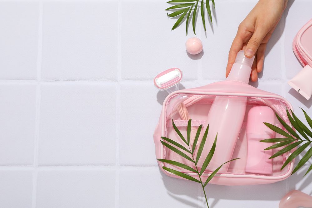 Bath accessories, toilet bag, space for text