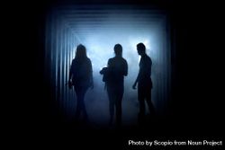 Silhouette of three people in a dark misty underground corridor bxrQM5