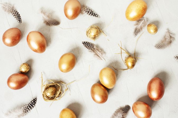 Golden eggs, twigs and bird feathers on neutral background