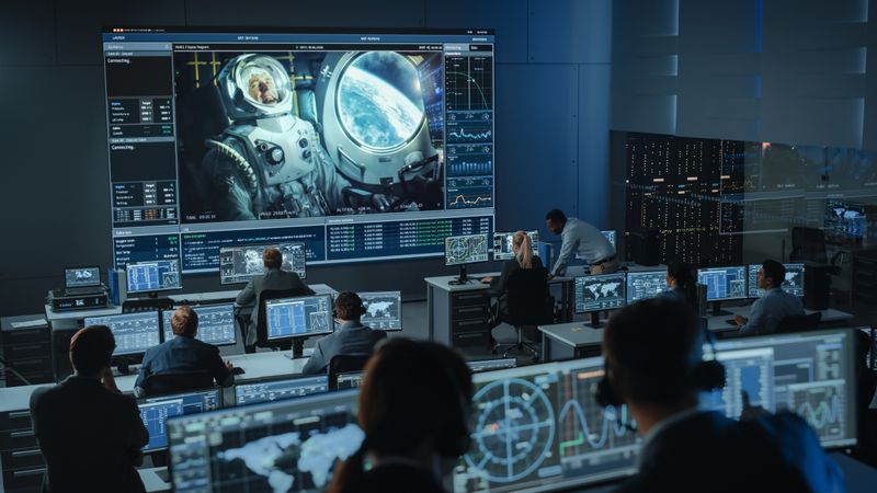 Space Mission Control Room Monitors Astronaut in Orbit.