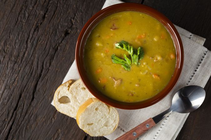 Pea soup. Bowl with pea soup on the table