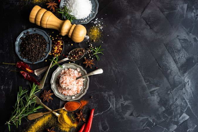 Top view of spices and salt on counter