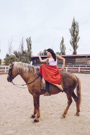 Graceful rider sitting at harnessed horse walking along paddock
