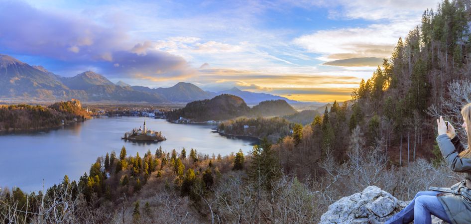 Lake Bled at sunrise panoramic view