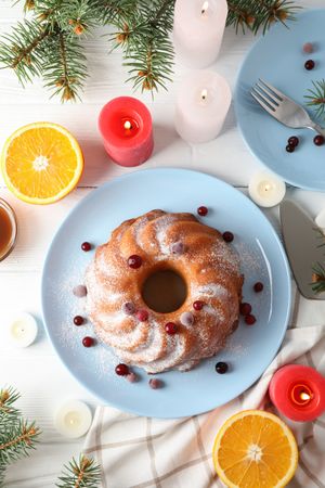 Cake with powder sugar and cranberry on table. Christmas concept