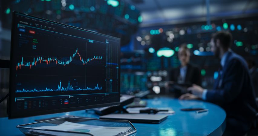 Close Up on a Computer Screen with Real-Time Stock Market Analytics, Graphs and Reports. Stock Exchange Software Template.