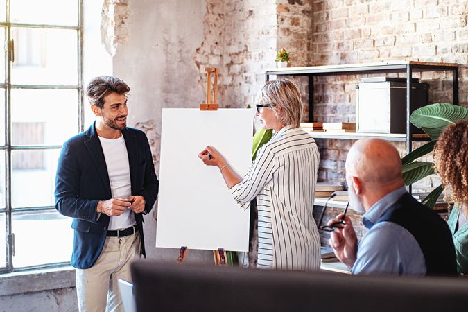 Group of business colleague persons brainstorming writing on a blank board