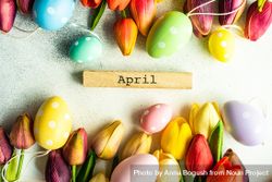 Flat lay of tulips and egg decorations for spring 4Bav7B