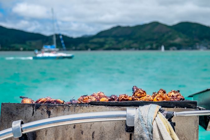 Barbecuing chicken on the Indian Ocean with boat and hills in the background